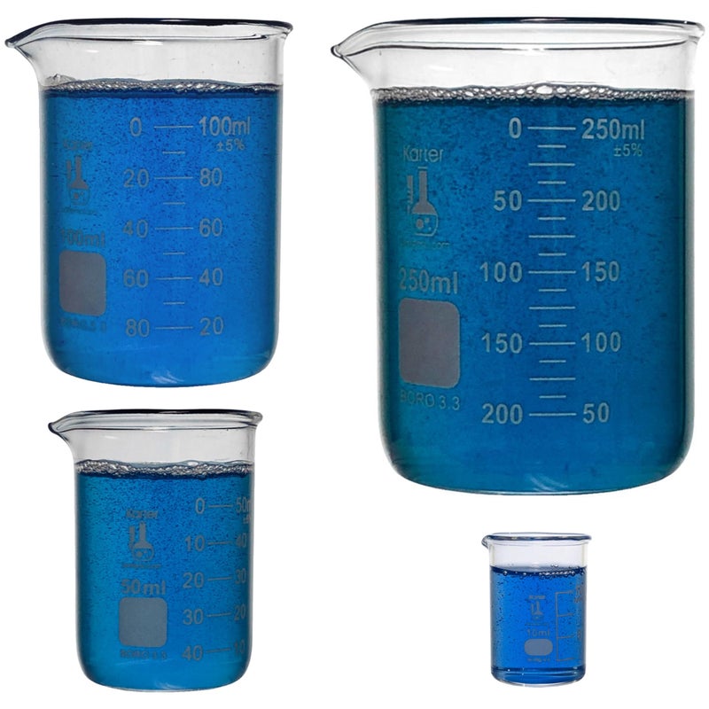 Karter Scientific 214T2, 3.3 Boro, Griffin Low Form, Glass Beaker Set - 4 Sizes - 10ml, 50ml, 100ml, 250ml - Image 1